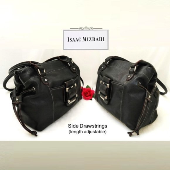 Isaac Mizrahi Black Leather Shoulder Bag Handbag Tote Satchel Magnet Drawstrings - Picture 5 of 13